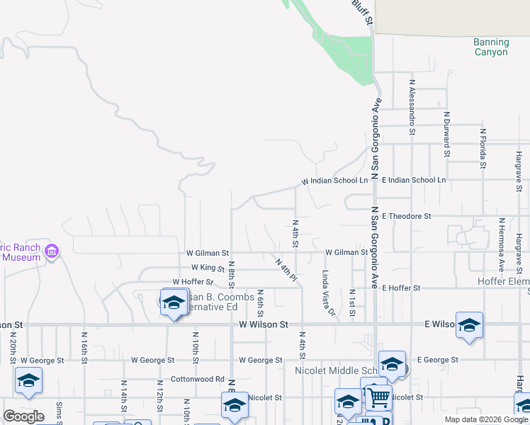 map of restaurants, bars, coffee shops, grocery stores, and more near 529 Roosevelt Road in Banning