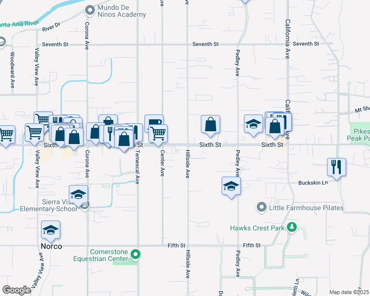 map of restaurants, bars, coffee shops, grocery stores, and more near 710 Sixth Street in Norco
