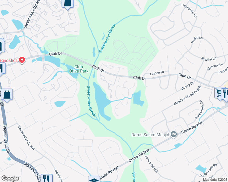 map of restaurants, bars, coffee shops, grocery stores, and more near 755 Kibbe Circle Northwest in Lawrenceville