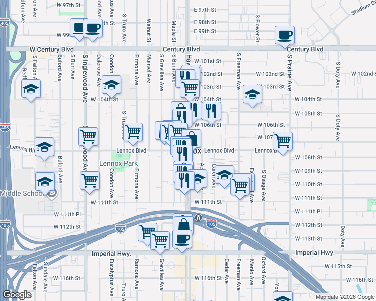 map of restaurants, bars, coffee shops, grocery stores, and more near in Lennox