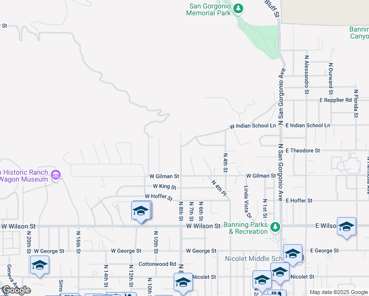 map of restaurants, bars, coffee shops, grocery stores, and more near 1446 North 8th Street in Banning