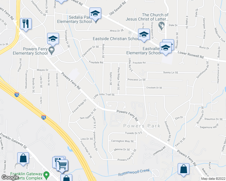map of restaurants, bars, coffee shops, grocery stores, and more near 561 Sybil Lane Southeast in Marietta