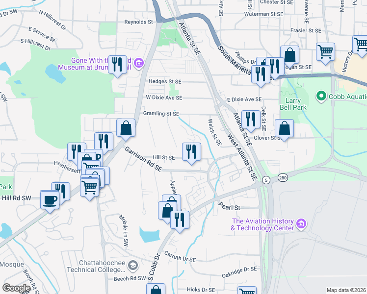 map of restaurants, bars, coffee shops, grocery stores, and more near 591 Bolan Street Southeast in Marietta