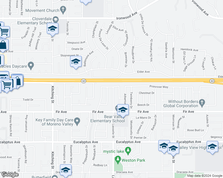 map of restaurants, bars, coffee shops, grocery stores, and more near 12613 Mulberry Lane in Moreno Valley