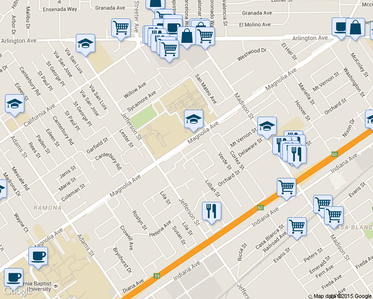 map of restaurants, bars, coffee shops, grocery stores, and more near 3740 Lillian Street in Riverside