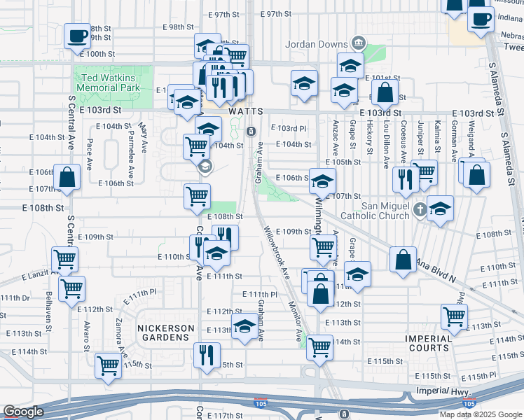 map of restaurants, bars, coffee shops, grocery stores, and more near 10810 Willowbrook Avenue in Los Angeles
