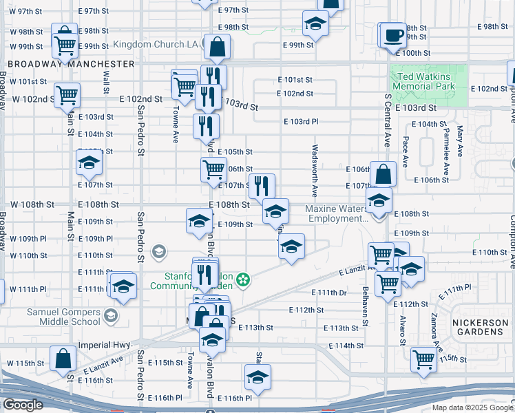 map of restaurants, bars, coffee shops, grocery stores, and more near 703 East 109th Street in Los Angeles