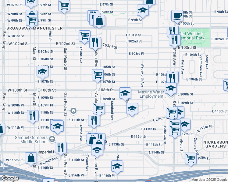 map of restaurants, bars, coffee shops, grocery stores, and more near 703 East 109th Street in Los Angeles