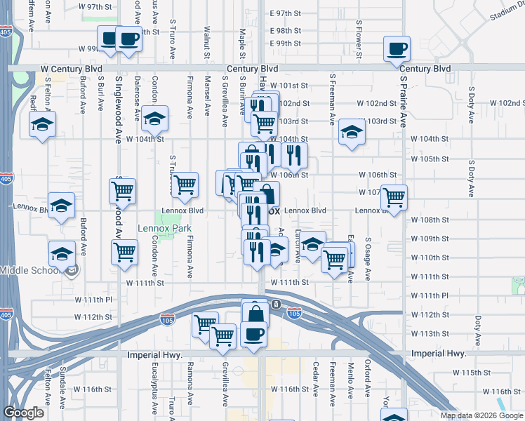 map of restaurants, bars, coffee shops, grocery stores, and more near in Lennox