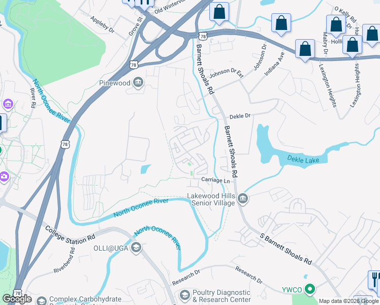 map of restaurants, bars, coffee shops, grocery stores, and more near 490 South Barnett Shoals Road in Athens