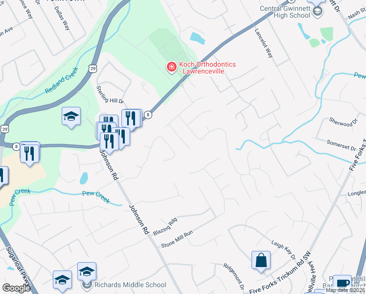 map of restaurants, bars, coffee shops, grocery stores, and more near 905 Dogwood Park Drive in Lawrenceville
