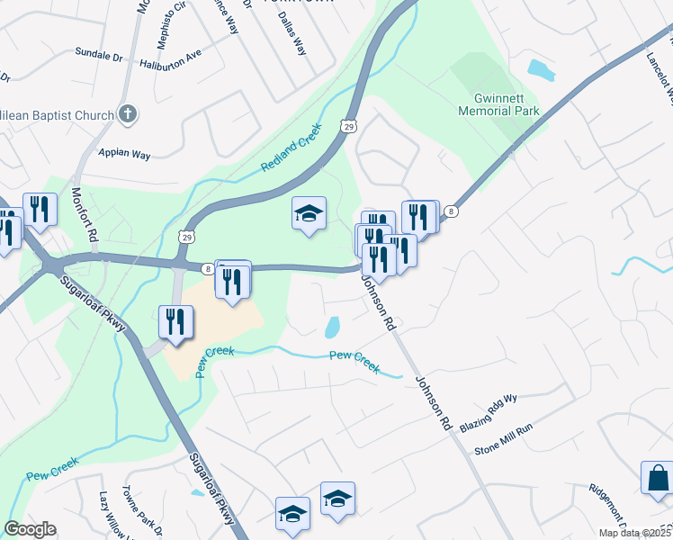 map of restaurants, bars, coffee shops, grocery stores, and more near 108 Cassady Lane in Lawrenceville