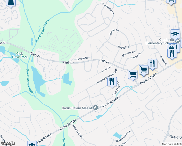 map of restaurants, bars, coffee shops, grocery stores, and more near 3091 Dowry Drive in Lawrenceville