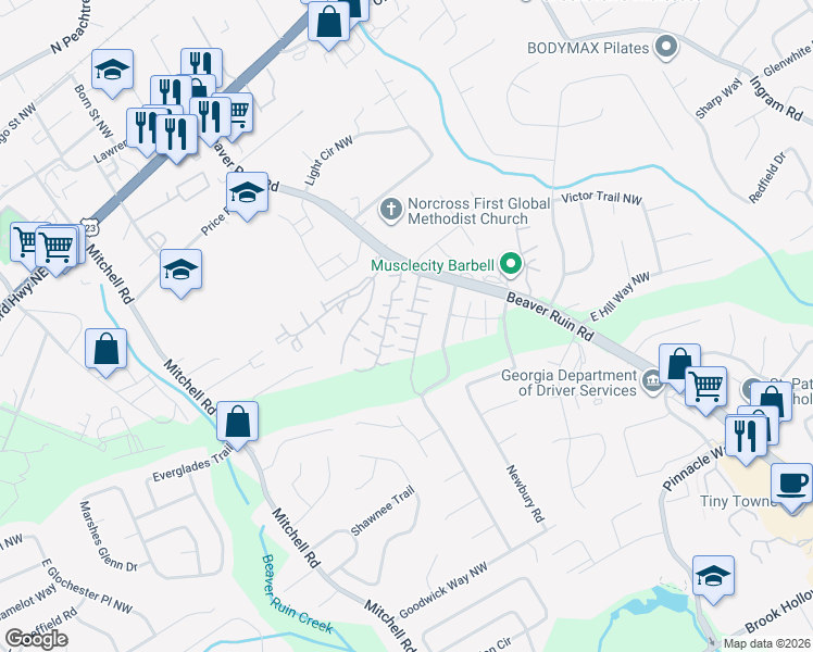 map of restaurants, bars, coffee shops, grocery stores, and more near 2331 Beaver Falls Drive Northwest in Norcross