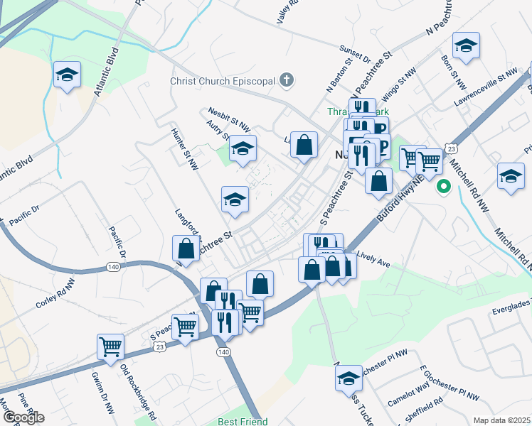 map of restaurants, bars, coffee shops, grocery stores, and more near 2705 Queenstown Street in Norcross