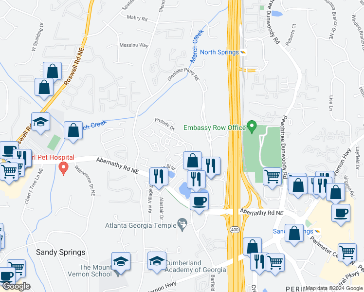 map of restaurants, bars, coffee shops, grocery stores, and more near 6652 Cadence Boulevard in Sandy Springs