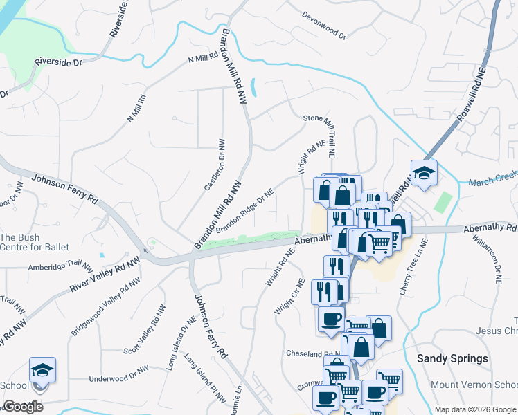 map of restaurants, bars, coffee shops, grocery stores, and more near 6715 Pine Mill Lane Northeast in Sandy Springs
