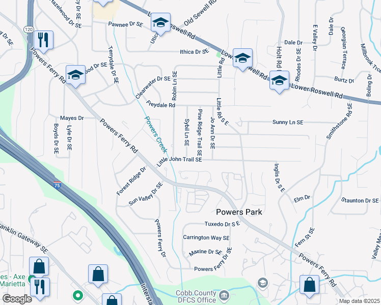 map of restaurants, bars, coffee shops, grocery stores, and more near 561 Sybil Lane Southeast in Marietta