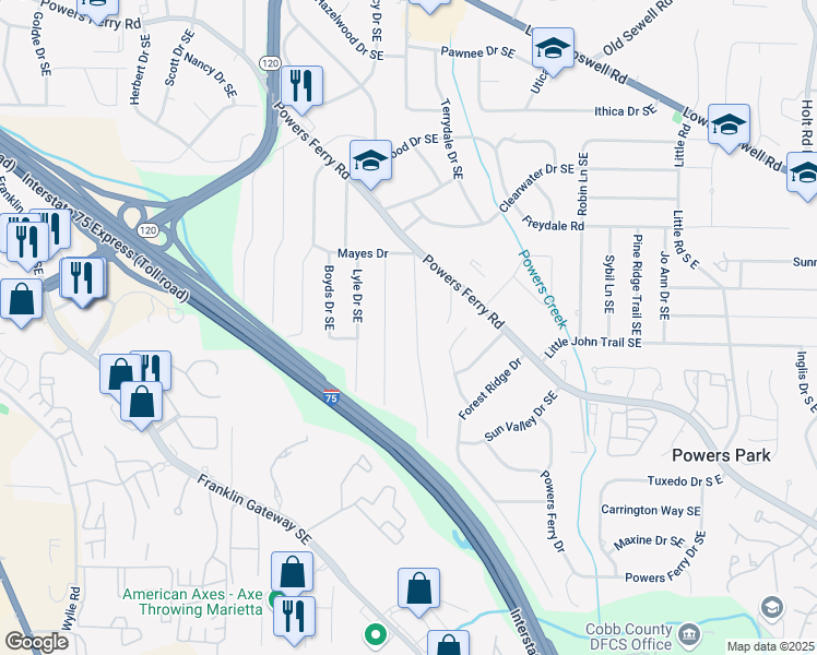 map of restaurants, bars, coffee shops, grocery stores, and more near 890 Oriole Lane South East in Marietta