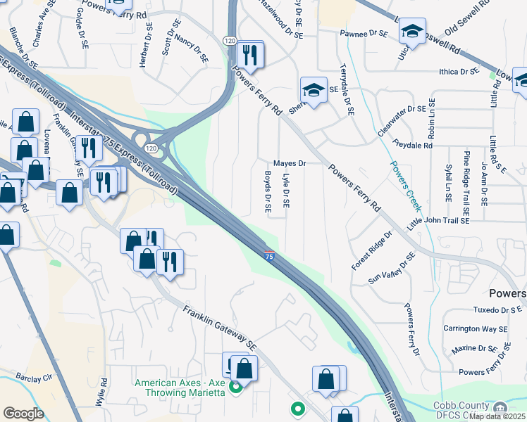map of restaurants, bars, coffee shops, grocery stores, and more near 582 Boyds Drive Southeast in Marietta