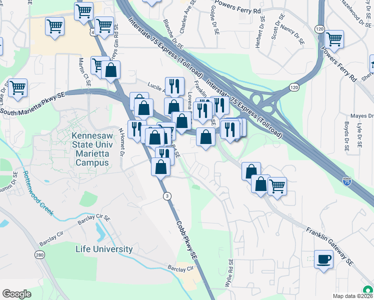 map of restaurants, bars, coffee shops, grocery stores, and more near 605 Wylie Road Southeast in Marietta