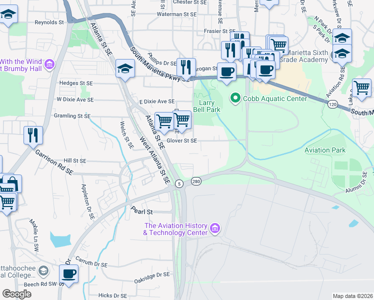 map of restaurants, bars, coffee shops, grocery stores, and more near in Marietta