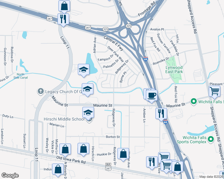map of restaurants, bars, coffee shops, grocery stores, and more near 1208 Ridgeway Drive in Wichita Falls