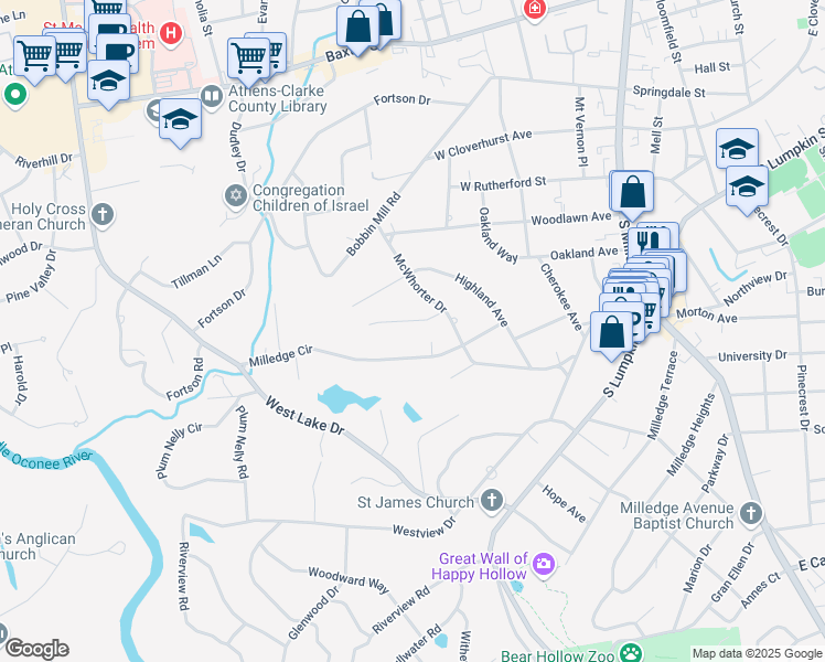 map of restaurants, bars, coffee shops, grocery stores, and more near 175 Rock Glen Road in Athens