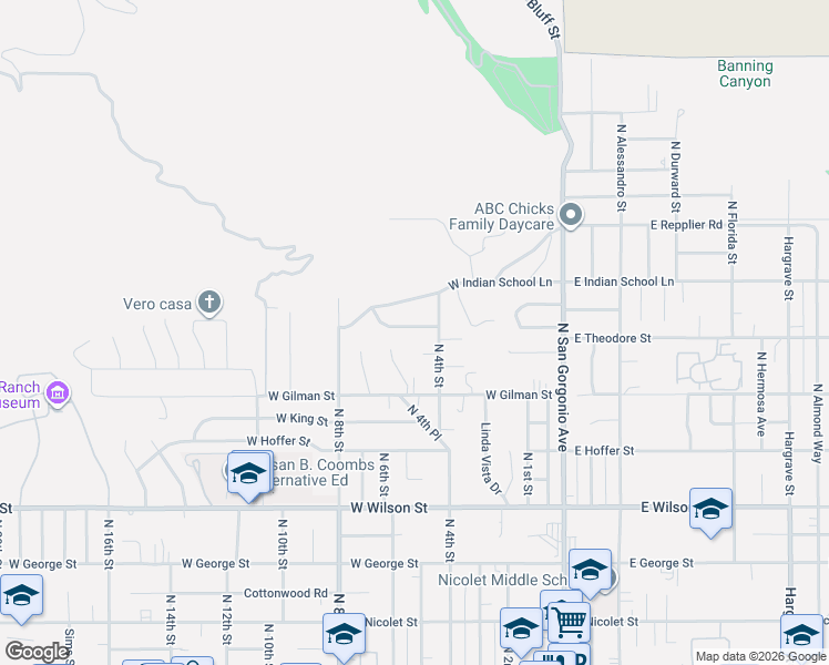 map of restaurants, bars, coffee shops, grocery stores, and more near 529 Roosevelt Road in Banning