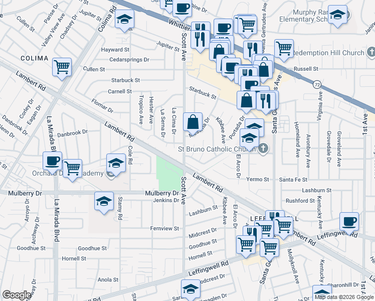 map of restaurants, bars, coffee shops, grocery stores, and more near 15404 Dittmar Drive in Whittier