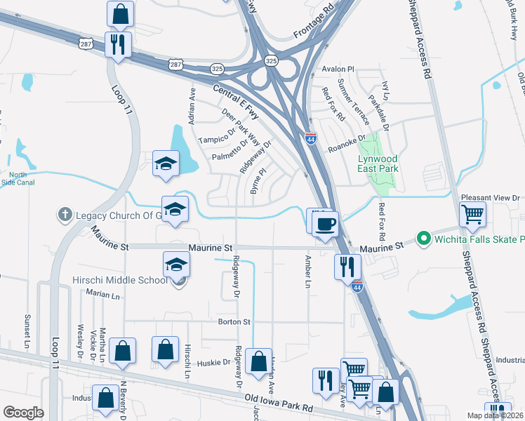 map of restaurants, bars, coffee shops, grocery stores, and more near 1200-1298 Harlan Avenue in Wichita Falls