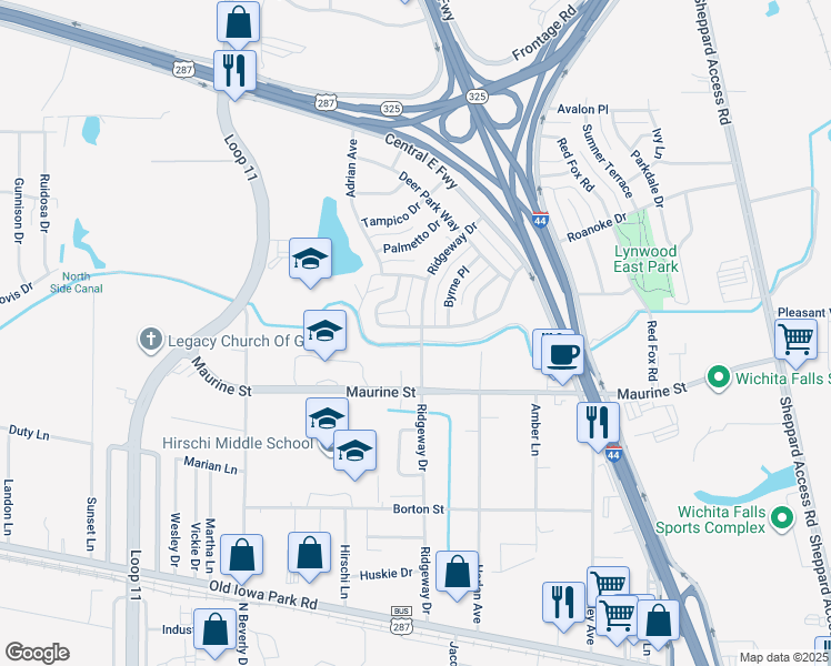 map of restaurants, bars, coffee shops, grocery stores, and more near 1208 Ridgeway Drive in Wichita Falls