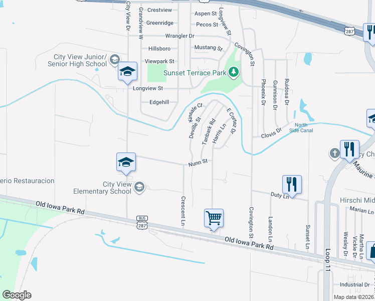 map of restaurants, bars, coffee shops, grocery stores, and more near 4202 Nunn Street in Wichita Falls
