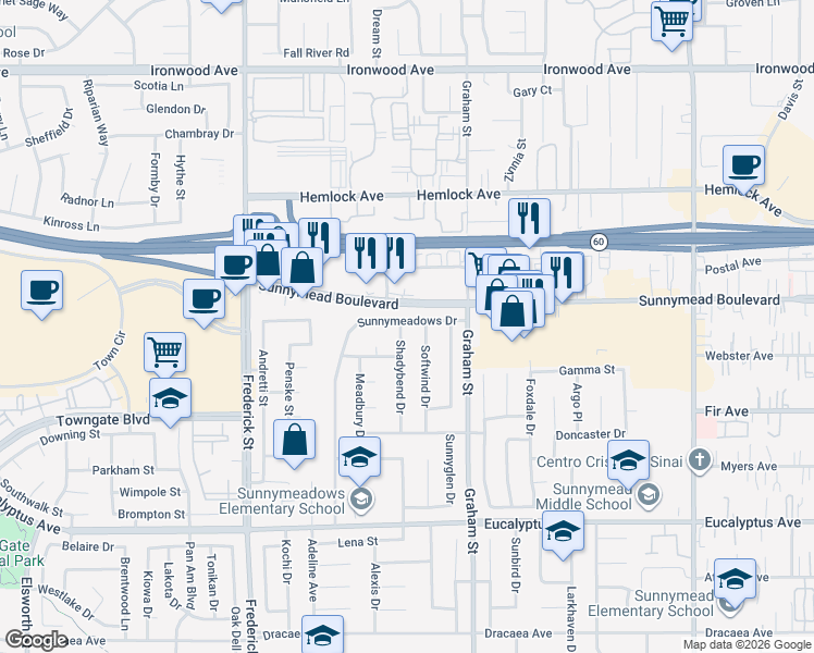 map of restaurants, bars, coffee shops, grocery stores, and more near 12582 Shadybend Drive in Moreno Valley