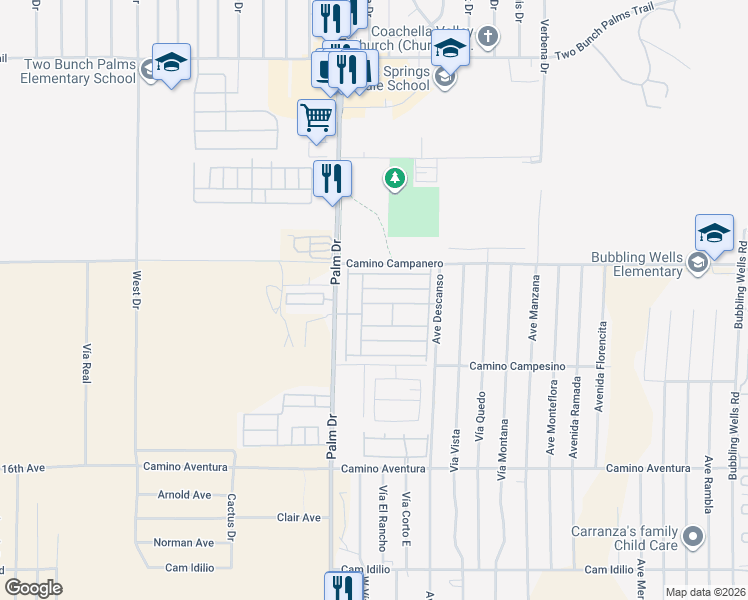 map of restaurants, bars, coffee shops, grocery stores, and more near 15300 Palm Drive in Desert Hot Springs