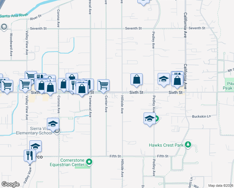 map of restaurants, bars, coffee shops, grocery stores, and more near 732 Sixth Street in Norco