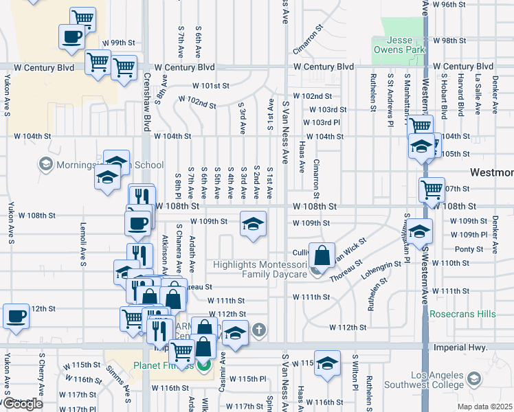 map of restaurants, bars, coffee shops, grocery stores, and more near 14121 South 2nd Avenue in Inglewood