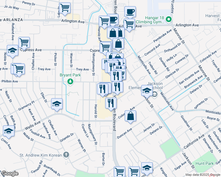 map of restaurants, bars, coffee shops, grocery stores, and more near 5360 Van Buren Boulevard in Riverside