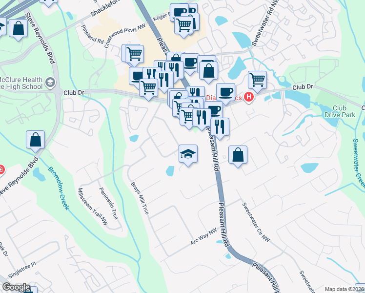 map of restaurants, bars, coffee shops, grocery stores, and more near 1306 Woodington Circle in Lawrenceville
