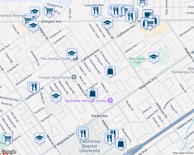 map of restaurants, bars, coffee shops, grocery stores, and more near 8180 Garfield Street in Riverside