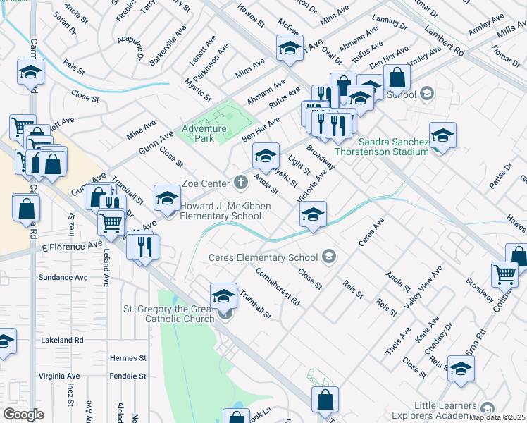 map of restaurants, bars, coffee shops, grocery stores, and more near 14122 Reis Street in Whittier