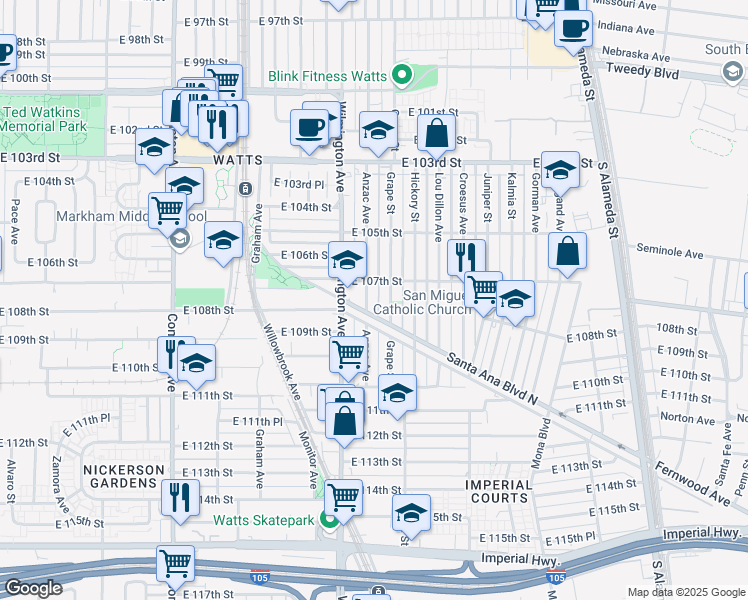 map of restaurants, bars, coffee shops, grocery stores, and more near 10722 Anzac Avenue in Los Angeles