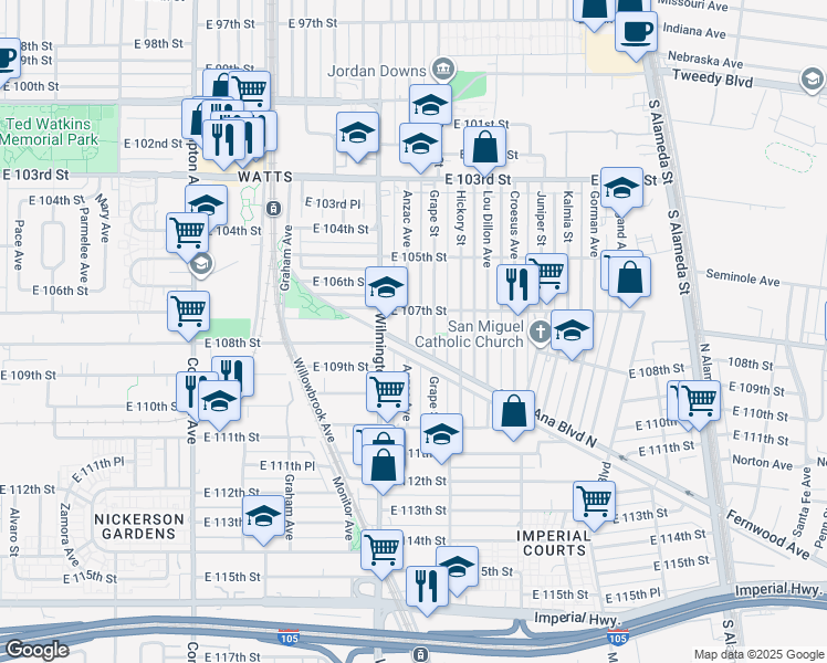 map of restaurants, bars, coffee shops, grocery stores, and more near 10722 Anzac Avenue in Los Angeles