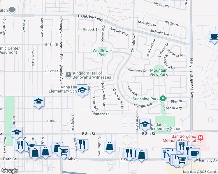 map of restaurants, bars, coffee shops, grocery stores, and more near 1464 Caspia Place in Beaumont
