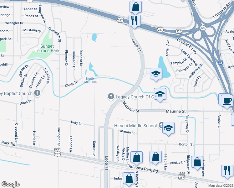 map of restaurants, bars, coffee shops, grocery stores, and more near 3216 Belue Road in Wichita Falls