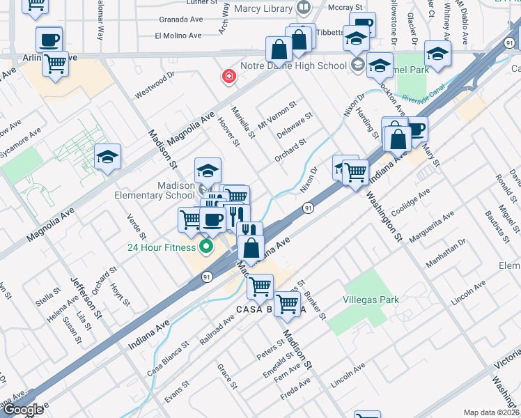 map of restaurants, bars, coffee shops, grocery stores, and more near 7335 Garden Street in Riverside