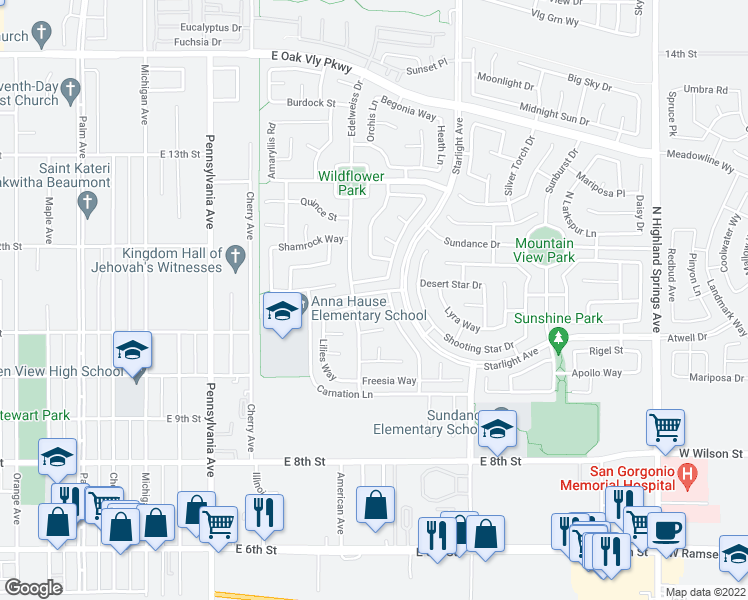 map of restaurants, bars, coffee shops, grocery stores, and more near 1464 Caspia Place in Beaumont