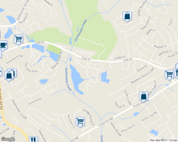 map of restaurants, bars, coffee shops, grocery stores, and more near 740 Kibbe Circle Northwest in Lawrenceville