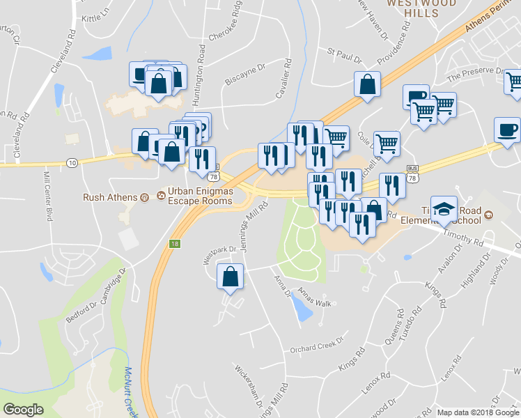 map of restaurants, bars, coffee shops, grocery stores, and more near 113 Jennings Mill Road in Athens