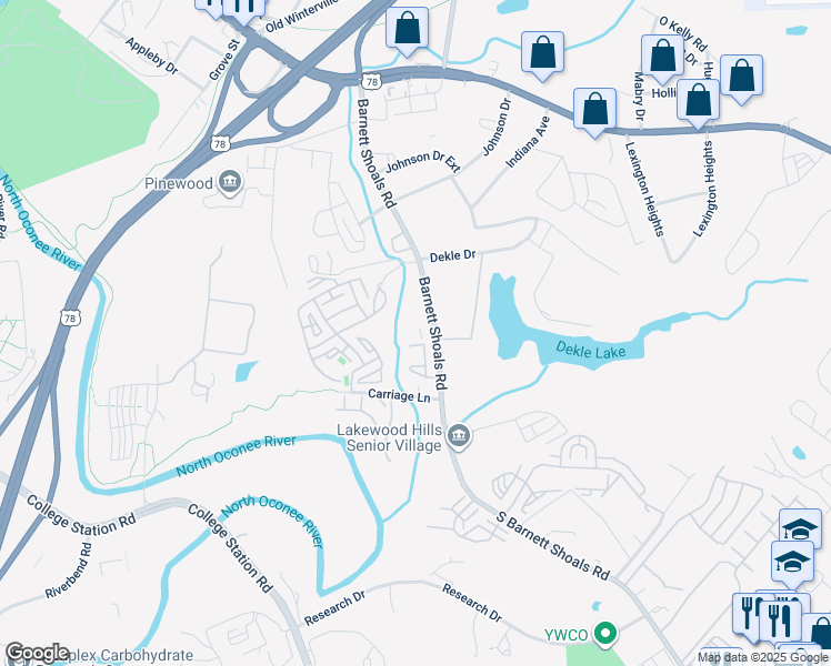 map of restaurants, bars, coffee shops, grocery stores, and more near 610 South Barnett Shoals Road in Athens